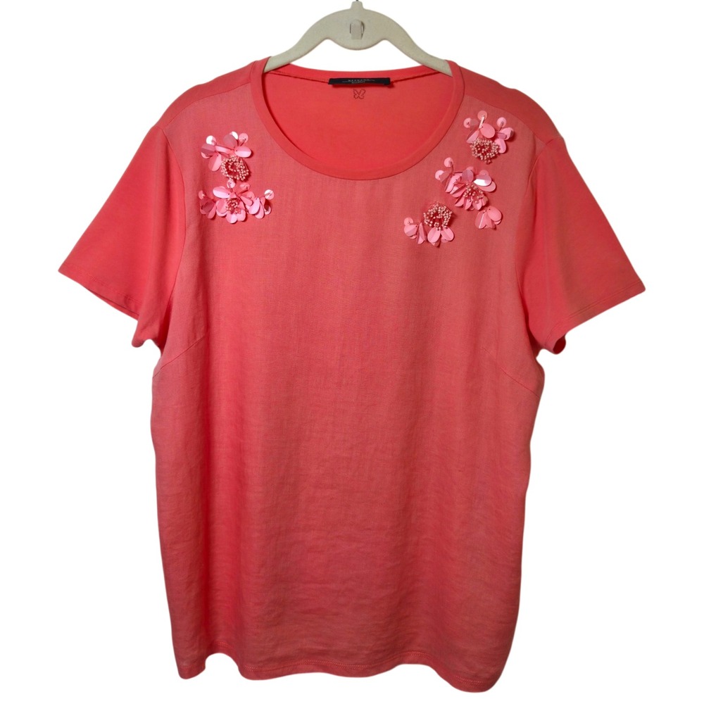 Weekend Max Mara‎ Coral Pink Linen Blend Floral Applique Sequin T-Shirt Top